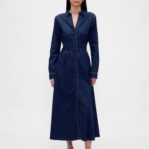Gap Denim Pintuck Button Front Maxi Dress Dark Wash Size Small